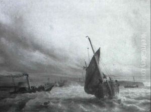 Fischerboot Und Raddampfer Vor Einer Hafeneinfahrt Fischerboot Und Raddampfer Vor Einer Hafeneinfahrt
