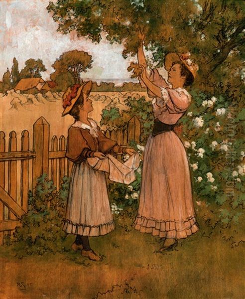 Two Girls Picking Leaves - view 1