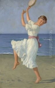 Tanzendes Madchen Mit Tamburin Am Strand