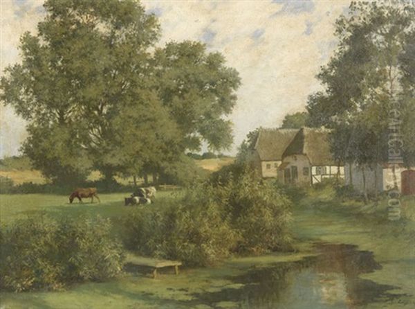 Norddeutsche Landschaft Mit Kuhen Und Reetgedeckten Hausern - view 1
