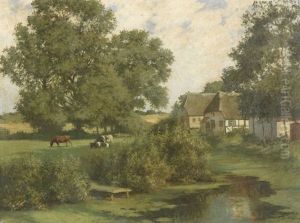 Norddeutsche Landschaft Mit Kuhen Und Reetgedeckten Hausern Norddeutsche Landschaft Mit Kuhen Und Reetgedeckten Hausern