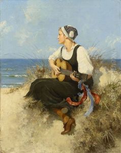 Young Woman With A Guitar On A Beach