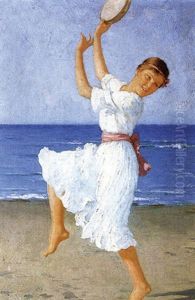 Tanzerin Mit Tamburin Am Meeresstrand by Hermann Seeger