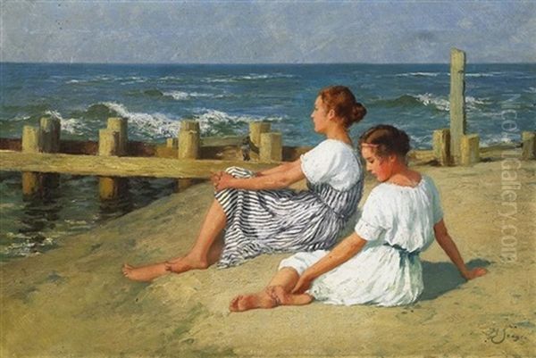 Die Musestunde. Zwei Madchen Am Strand, Die Abendsonne Geniesend - view 1