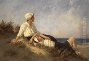 Junge Frau Und Madchen Am Strand by Hermann Seeger