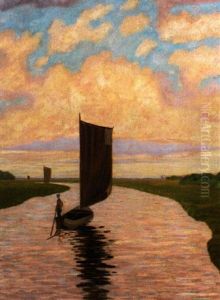 Flusslandschaft Mit Booten An Einem Sommerabend