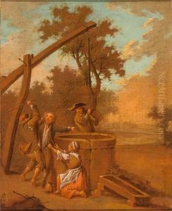 Paar Gemalde: Strasenmusikanten Vor Kate - Figurenszene Am Brunnen by Johann Conrad Seekatz