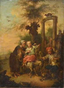 Paysans Et Enfants Avec Une Chevre Devant Des Ruines by Johann Conrad Seekatz