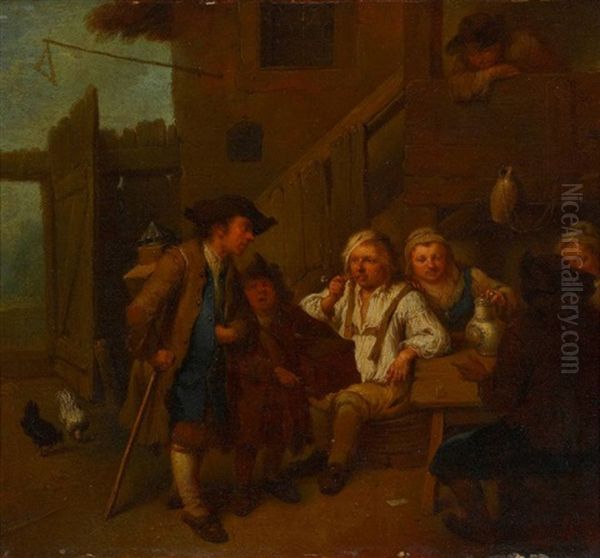 Ein Hausierer Bei Bauern Vor Der Schanke - Ein Fahrender Musikant Bei Spielenden Und Zechenden Bauern (pair) - view 1