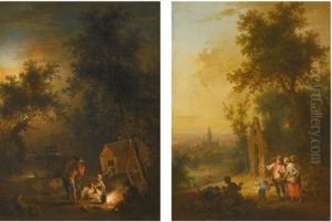 A Landscape With Travellers At Night Resting By A Roadside Fire; A Landscape With Travellers Outside A Town (pair) by Johann Conrad Seekatz