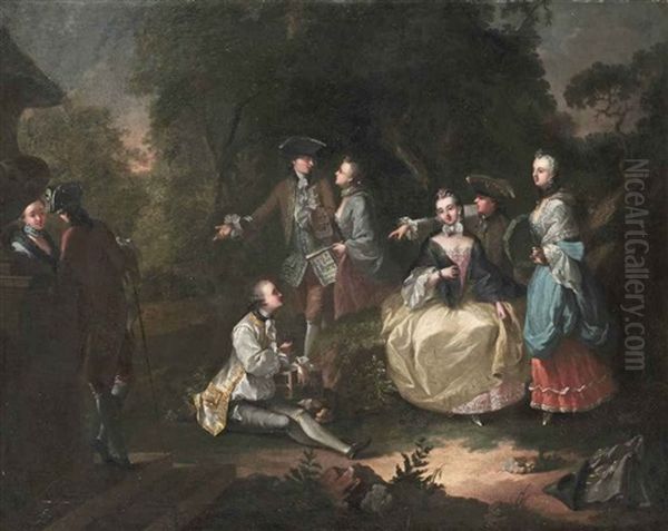An Elegant Company Making Merry In A Garden Landscape - view 1