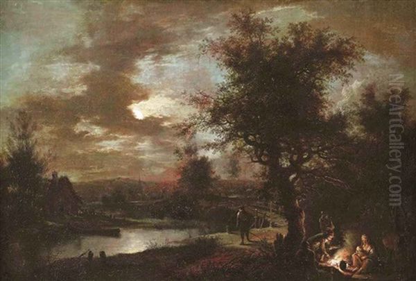 A Moonlit River Landscape With Figures By A Fire - view 1