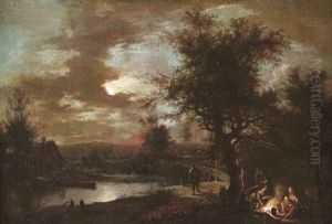 A Moonlit River Landscape With Figures By A Fire