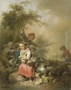 Bauernkinder Mit Enten Und Gansen Vor Einer Landschaft Mit Baumen by Johann Conrad Seekatz