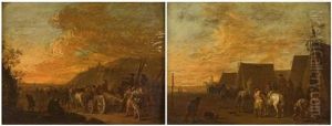 Le Convoi Militaire Au Soleil Couchant (+ Le Campement Militaire Au Soleil Levant; Pair) by Johann Conrad Seekatz