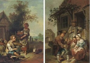 A Boy Musician With A Washer Girl (+ A Street Vendor With Peasant Children; Pair)