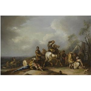 An Outdoor Scene With Horsemen And Musicians At Rest by Johann Conrad Seekatz