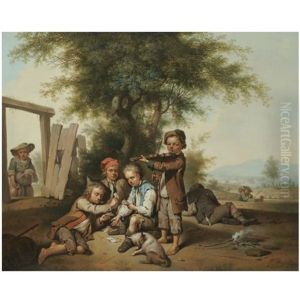 Young Boys Playing Cards And The Violin In A Landscape by Johann Conrad Seekatz