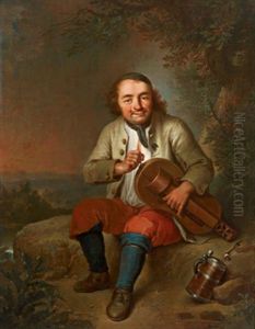 Sitzender Musikant Mit Bauernleier In Einer Landschaft