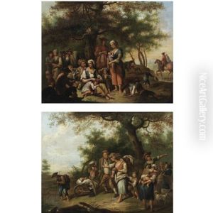 Peasants Resting Beside A Path (+ Travellers Crossing The Countryside; Pair) by Johann Conrad Seekatz