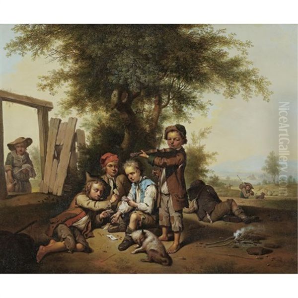 Young Card Players And A Violinist By A Tree - view 1