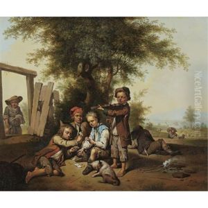 Young Card Players And A Violinist By A Tree