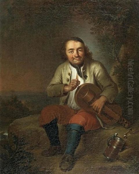 Sitzender Mann Mit Musikinstrument In Einer Landschaft - view 1