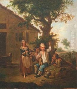 Violoniste Et Villageois Sous Un Chene Devant Un Cabaret De Campagne by Johann Conrad Seekatz