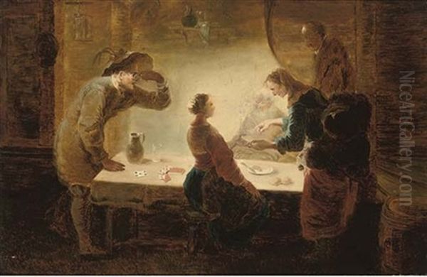 A Fortune-teller Reading A Young Girl's Palm At A Table, With Three Men Watching - view 1