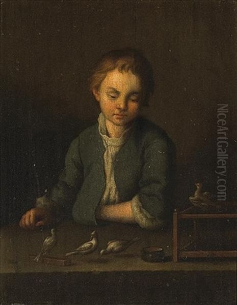A Study Of A Young Boy With His Pet Birds - view 1