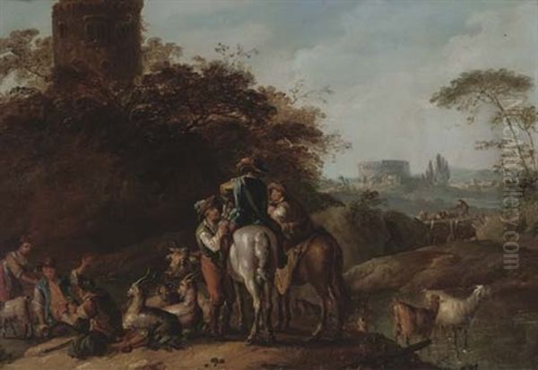 An Italianate Landscape With Travellers Resting With Herdsmen By A Tower - view 1