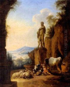 Sudliche, Gebirgige Landschaft Mit Der Statue Des Herkules, Einem Hirten Und Herde by Johann Conrad Seekatz