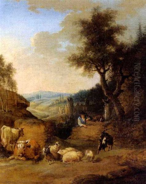 Bewaldete Landschaft Mit Ruinen, Einem Hirten Und Herde - view 1