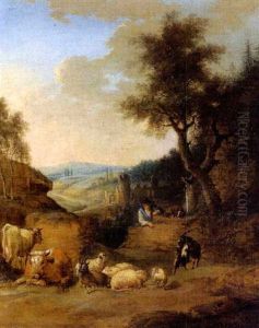 Bewaldete Landschaft Mit Ruinen, Einem Hirten Und Herde by Johann Conrad Seekatz