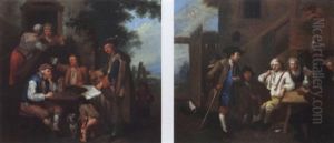 Peasants Smoking And Drinking Outside The An Inn; A Musician Standing Nearby Smoking And Resting Peasants Outside An Inn by Johann Conrad Seekatz