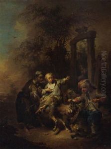 A Young Peasant Family Disporting With A Billy Goat In A Farmyard