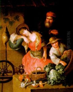 Vor Dem Spinnrad Eingeschlafenes Madchen, Daneben Ein Knabe Mit Gemusen, Dahinter Ein Alter Mann by Johann Conrad Seekatz