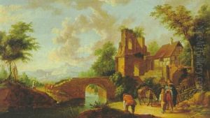 Gebirgige Fluslandschaft Mit Steinerner Brucke, Turmruine Und Figuren by Johann Conrad Seekatz