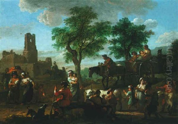 A Rustic Landscape With Peasants And A Horse And Cart, With Ruins Beyond - view 1