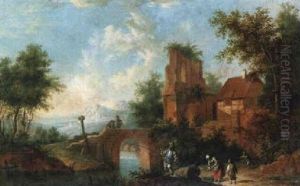 A River Landscape With Children Catching Fish Before A Bridge And Ruined Buildings A River Landscape With Children Catching Fish Before A Bridge And Ruined Buildings