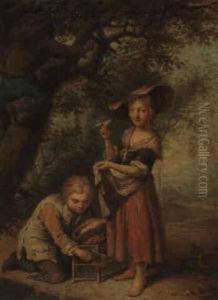 Two Children In A Landscape With Their Pet Bird Two Children In A Landscape With Their Pet Bird
