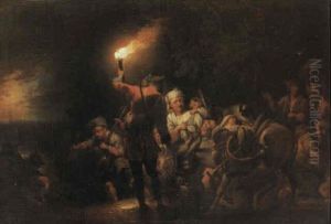 Resande Sallskap Leds Over Vadstalle Av Soldat by Johann Conrad Seekatz