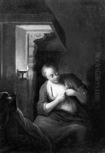 An Interior With A Girl Reading By Candlelight by Johann Conrad Seekatz
