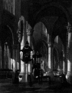Sonnendurchflutetes Kircheninterieur Mit Prozession Und Betenden Sonnendurchflutetes Kircheninterieur Mit Prozession Und Betenden