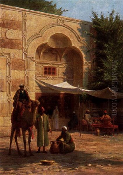 Orientalische Raststatte Mit Mannern Unter Sonnensegeln Beim Umtrunk, Kamelreiter Und Wassertrager Links - view 1
