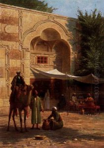 Orientalische Raststatte Mit Mannern Unter Sonnensegeln Beim Umtrunk, Kamelreiter Und Wassertrager Links Orientalische Raststatte Mit Mannern Unter Sonnensegeln Beim Umtrunk, Kamelreiter Und Wassertrager Links