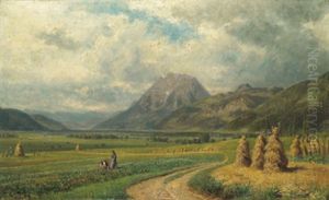 Zwei Frauen Am Feld Vor Weiter Landschaft by Gustav Seelos