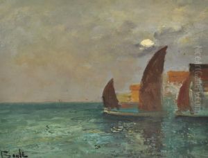 Harbour Scene By Moonlight And Sailing Boats Off The Coast by George Boyle