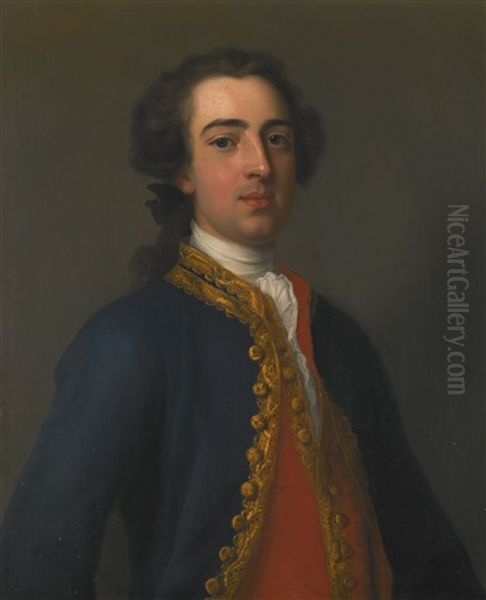 Portrait Of A Gentleman, Half-length, In A Blue Coat And Red Waistcoat With Gold Brocade - view 1