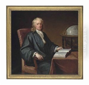 Portrait Of Sir Isaac Newton, Kt. (1642-1727), Three-quarter-length, In A White Cravat And Green Cloak, Seated At A Table With A Copy Of<br/>the Principia<br/>and An Astrological Globe by Enoch Seeman